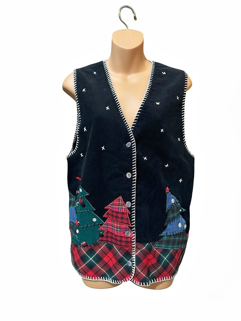 Susan Bristol Plaid Holiday Vest Black Red granny-core corduroy Christmas M